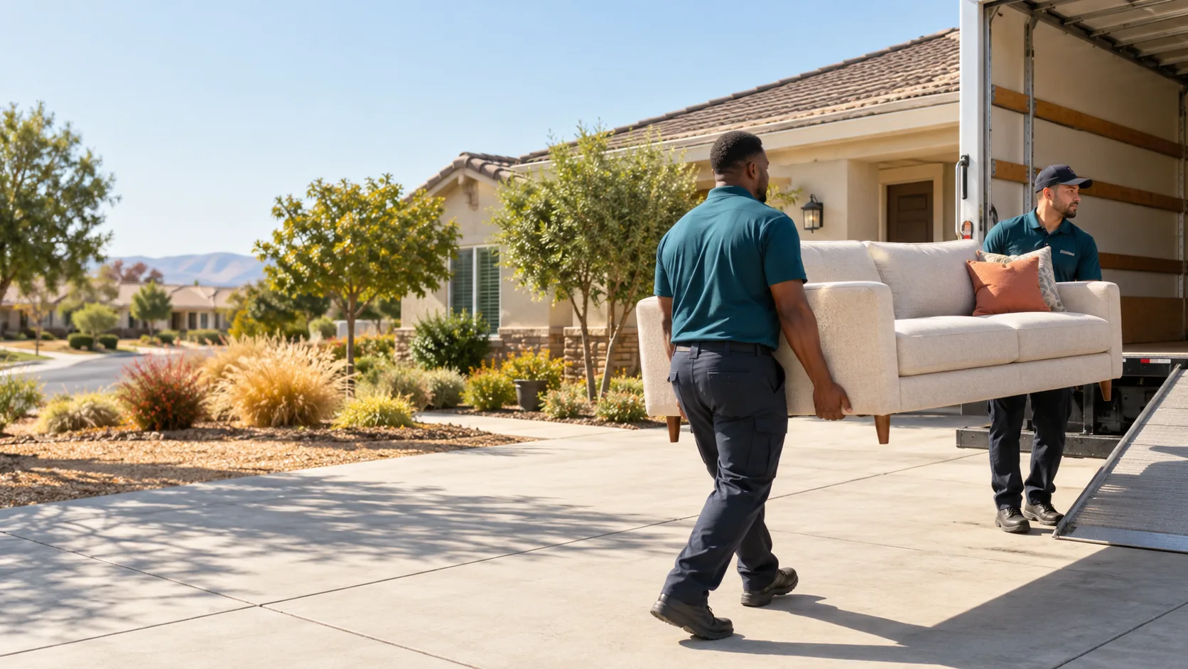 Two furniture removal workers carrying a sofa toward a truck